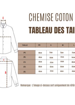 Tableau des tailles de chemise en coton